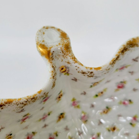Vienna Porcelain Chintz Floral Bowl, Leaf Shaped, Quilted Pattern, Gold Trim - Picture 5 of 10